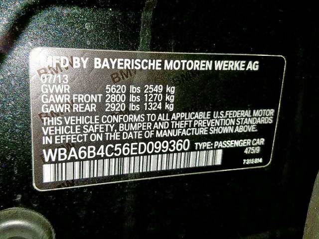 WBA6B4C56ED099360 - 2014 BMW 650 XI BLACK photo 10