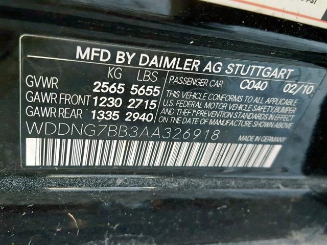 WDDNG7BB3AA326918 - 2010 MERCEDES-BENZ S 550 BLACK photo 10