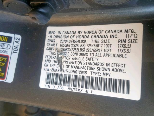 2HKRM4H70DH612938 - 2013 HONDA CR-V EXL GRAY photo 10