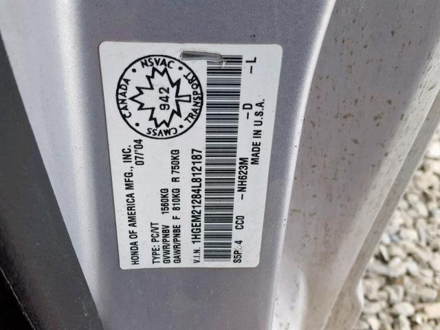 1HGEM21284L812187 - 2004 HONDA CIVIC DX SILVER photo 10