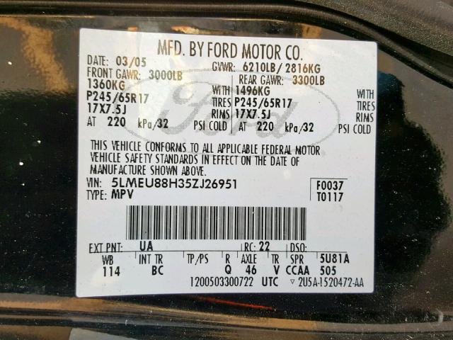 5LMEU88H35ZJ26951 - 2005 LINCOLN AVIATOR Qara foto 10