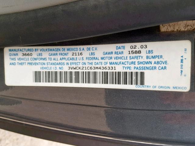 3VWCK21C63M436331 - 2003 VOLKSWAGEN NEW BEETLE Grau Foto 10