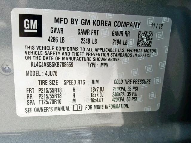 KL4CJASB5KB788659 - 2019 BUICK ENCORE PRE GRAY photo 10