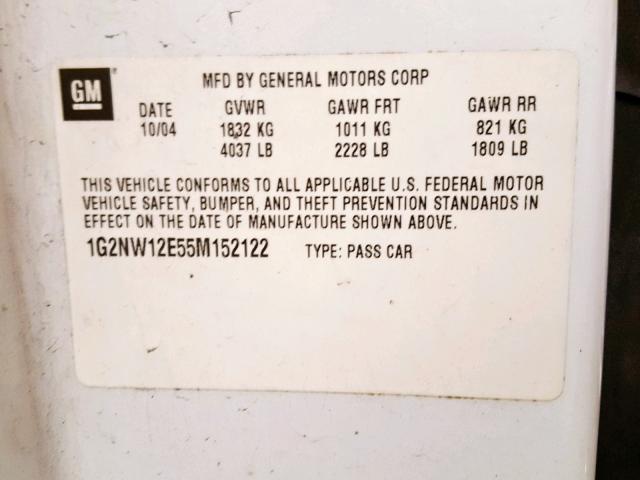 1G2NW12E55M152122 - 2005 PONTIAC GRAND AM G WHITE photo 10