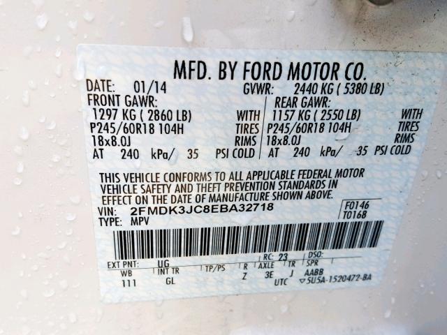 2FMDK3JC8EBA32718 - 2014 FORD EDGE SEL WHITE photo 10