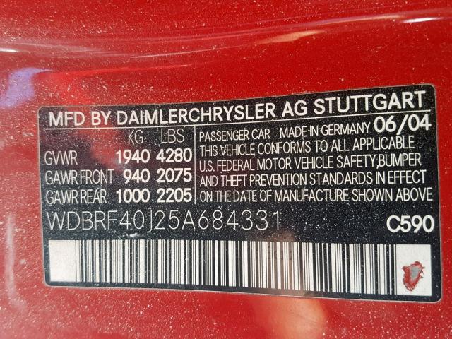 WDBRF40J25A684331 - 2005 MERCEDES-BENZ C 230K SPO RED photo 10