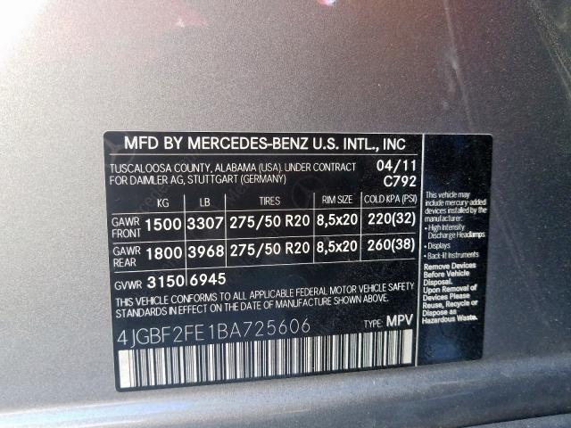 4JGBF2FE1BA725606 - 2011 MERCEDES-BENZ GL 350 BLUETEC  photo 10