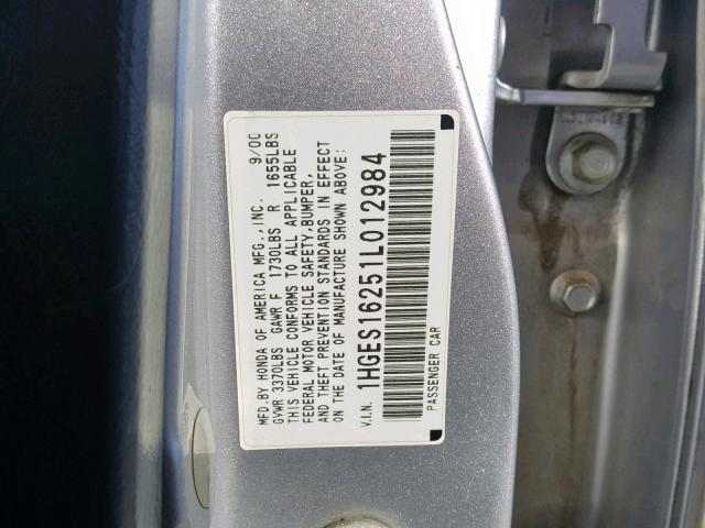 1HGES16251L012984 - 2001 HONDA CIVIC DX SILVER photo 10