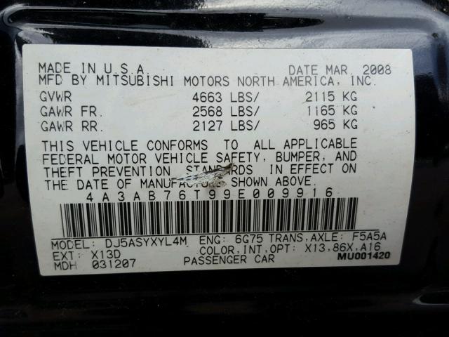 4A3AB76T99E009916 - 2009 MITSUBISHI GALANT SPO BLACK photo 10