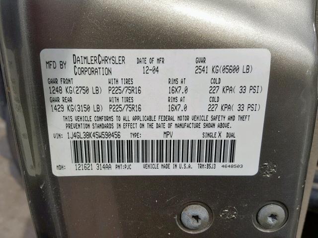 1J4GL38K45W590456 - 2005 JEEP LIBERTY RE GOLD photo 10