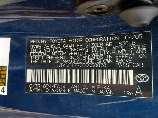 JTKDE177050058878 - 2005 TOYOTA SCION TC ლურჯი ფოტო 10