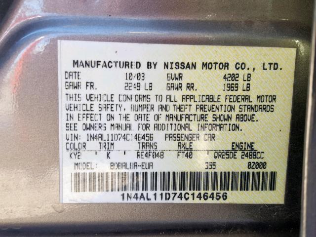 1N4AL11D74C146456 - 2004 NISSAN ALTIMA BAS TAN photo 10