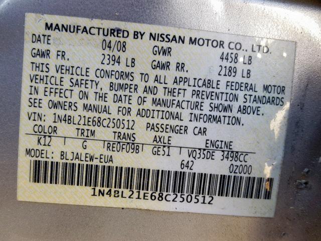 1N4BL21E68C250512 - 2008 NISSAN ALTIMA 3.5 SILVER photo 10