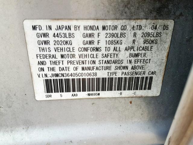 JHMCN36405C010638 - 2005 HONDA ACCORD HYB SILVER photo 10