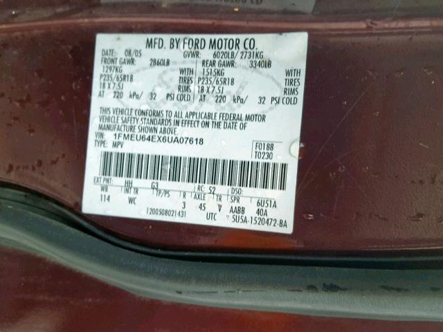 1FMEU64EX6UA07618 - 2006 FORD EXPLORER E MAROON photo 10