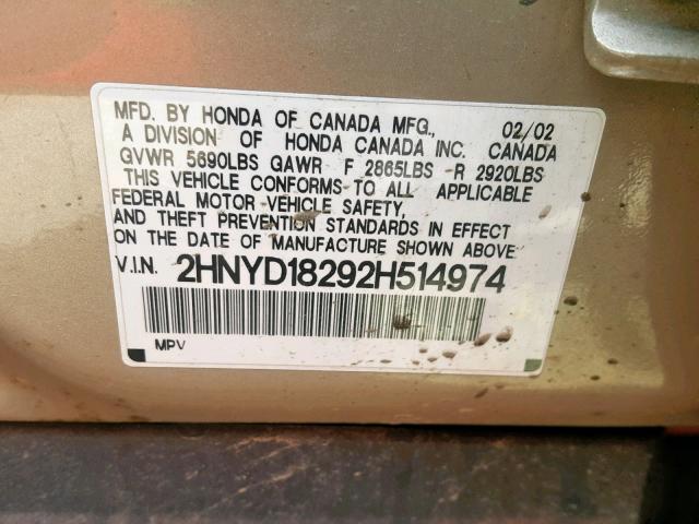 2HNYD18292H514974 - 2002 ACURA MDX GOLD photo 10