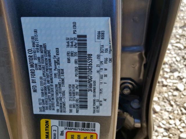 3FA6P0G71DR265398 - 2013 FORD FUSION S GRAY photo 10