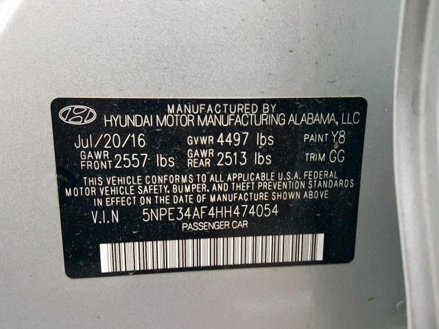 5NPE34AF4HH474054 - 2017 HYUNDAI SONATA SPO SILVER photo 10