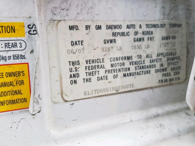 KL1TD66618B036075 - 2008 CHEVROLET AVEO BASE თეთრი ფოტო 10