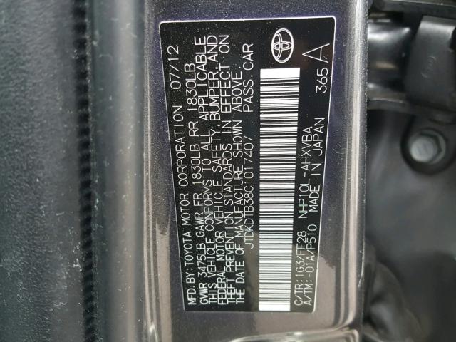 JTDKDTB38C1017407 - 2012 TOYOTA PRIUS C GRAY photo 10