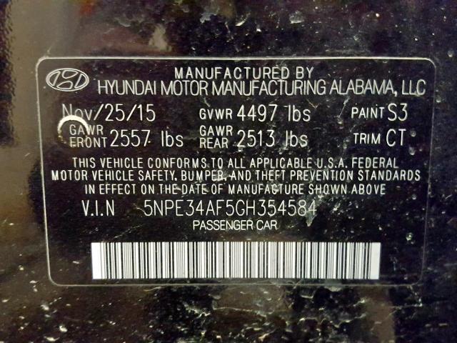 5NPE34AF5GH354584 - 2016 HYUNDAI SONATA SPO BLACK photo 10