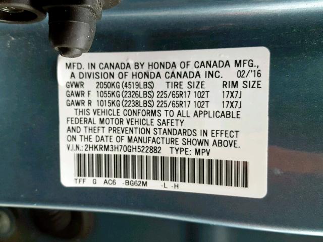 2HKRM3H70GH522882 - 2016 HONDA CR-V EXL TEAL photo 10