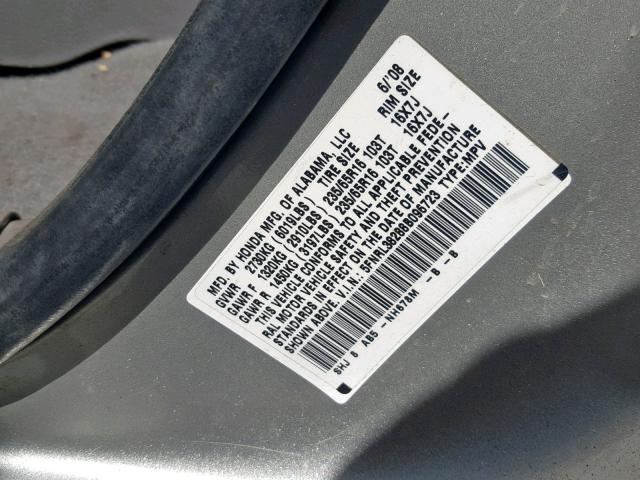 5FNRL38288B096723 - 2008 HONDA ODYSSEY LX SILVER photo 10