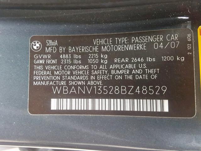 WBANV13528BZ48529 - 2008 BMW 528 XI GRAY photo 10