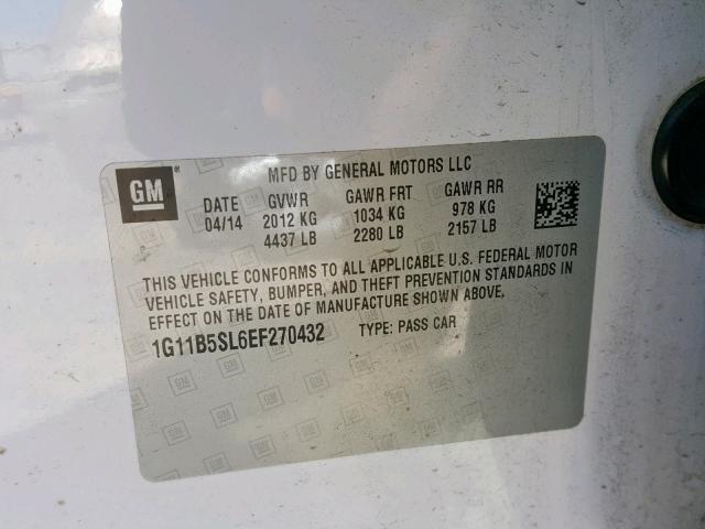 1G11B5SL6EF270432 - 2014 CHEVROLET MALIBU LS WHITE photo 10