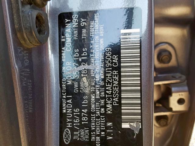 KMHCT4AE2HU195069 - 2017 HYUNDAI ACCENT SE GRAY photo 10