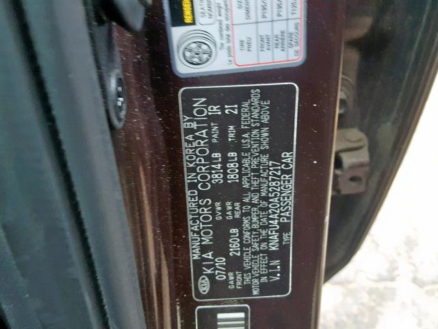 KNAFU4A20A5287217 - 2010 KIA FORTE EX MAROON photo 10