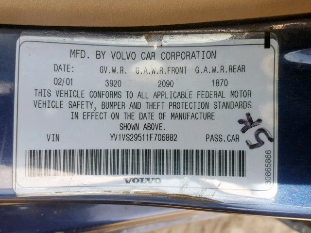 YV1VS29511F706882 - 2001 VOLVO S40 1.9T BLUE photo 10