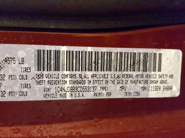 1C4NJDBB9CD553137 - 2012 JEEP COMPASS SP მუქწითელი ფოტო 10