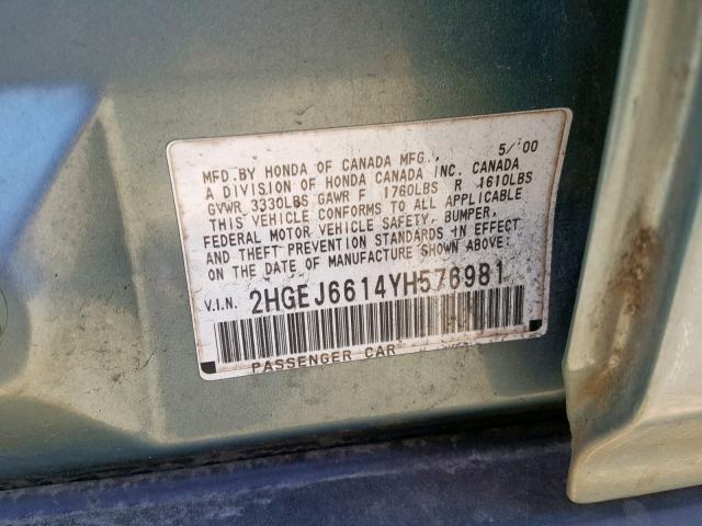 2HGEJ6614YH576981 - 2000 HONDA CIVIC BASE 蓝色 照片 10