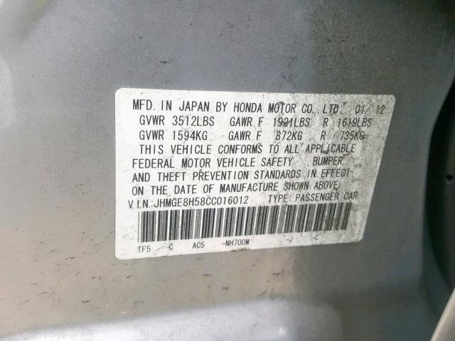 JHMGE8H58CC016012 - 2012 HONDA FIT SPORT SILVER photo 10