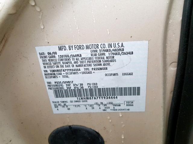1LNHM87A7YY934444 - 2000 LINCOLN LS TAN photo 10