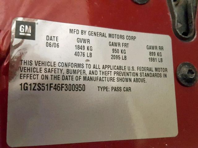 1G1ZS51F46F300950 - 2006 CHEVROLET MALIBU LS RED photo 10