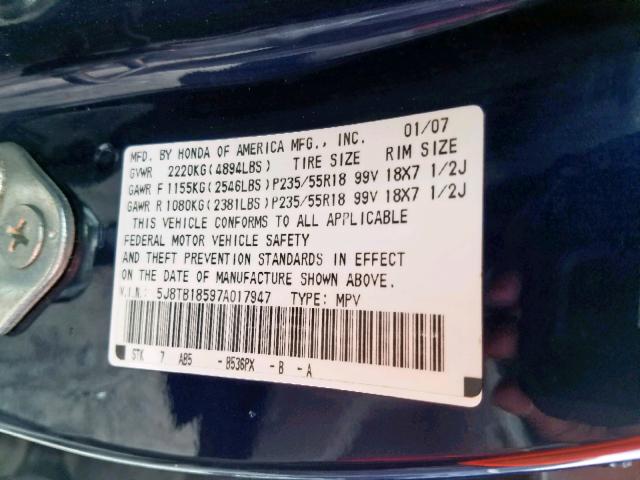 5J8TB18597A017947 - 2007 ACURA RDX TECHNOLOGY  photo 10