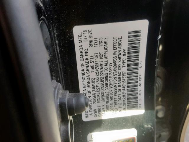 2HKRM3H44GH515357 - 2016 HONDA CR-V SE BLACK photo 10