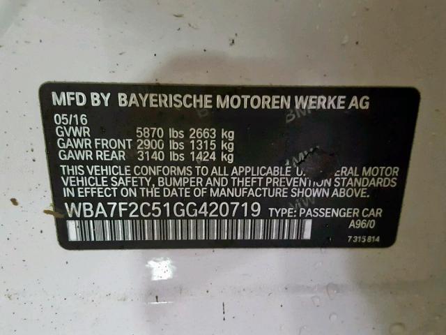 WBA7F2C51GG420719 - 2016 BMW 750 XI WHITE photo 10