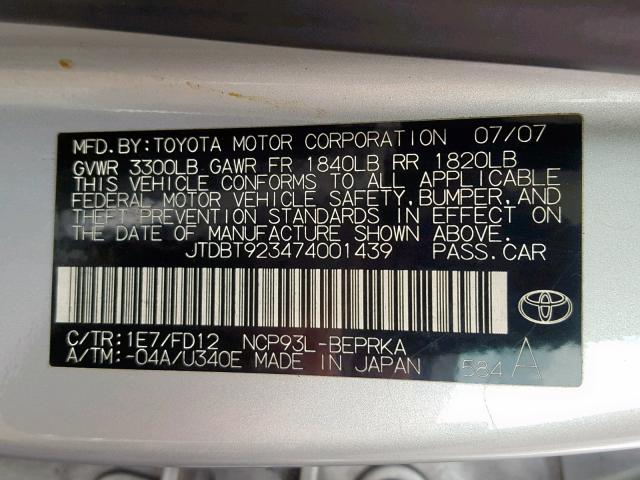 JTDBT923474001439 - 2007 TOYOTA YARIS SILVER photo 10