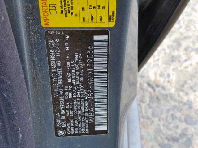 WBAHN83536DT39036 - 2006 BMW 750 LI GRAY photo 10