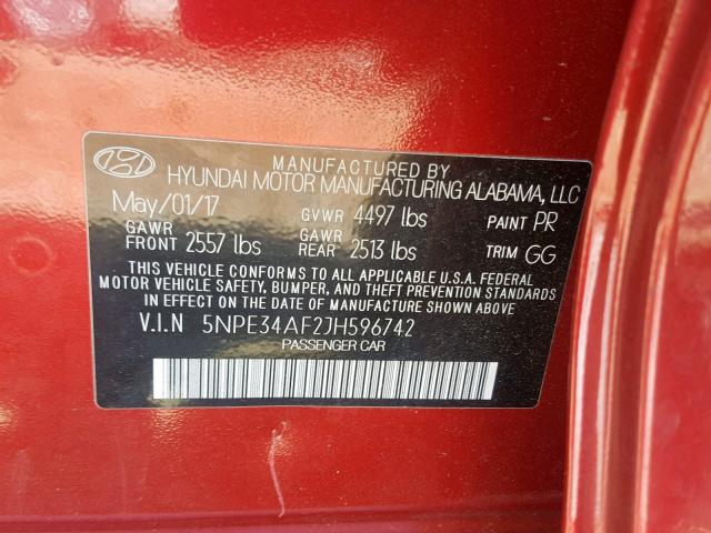 5NPE34AF2JH596742 - 2018 HYUNDAI SONATA SPO RED photo 10