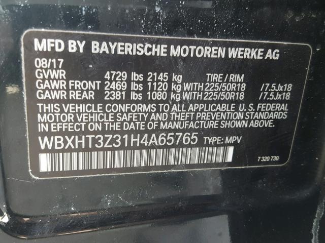 WBXHT3Z31H4A65765 - 2017 BMW X1 XDRIVE2 BLACK photo 10