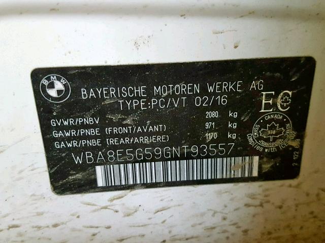 WBA8E5G59GNT93557 - 2016 BMW 320 XI WHITE photo 10