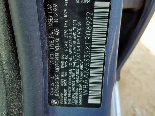 WBAAM5335XFR06922 - 1999 BMW 328 I AUTO BLUE photo 10