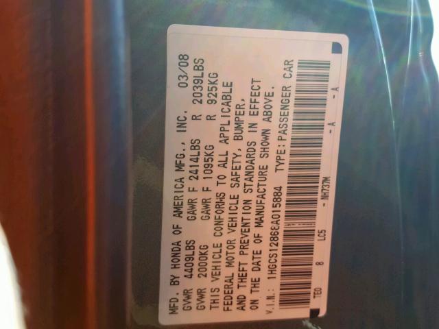 1HGCS12868A015884 - 2008 HONDA ACCORD EXL GRAY photo 10