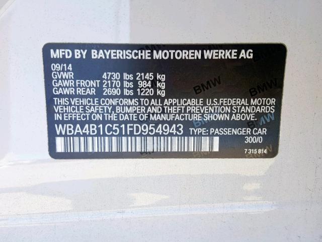 WBA4B1C51FD954943 - 2015 BMW 435 I WHITE photo 10