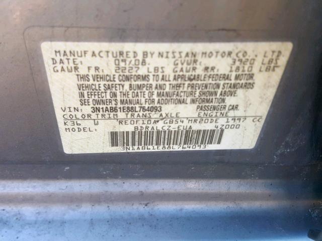 3N1AB61E88L764093 - 2008 NISSAN SENTRA 2.0 GRAY photo 10