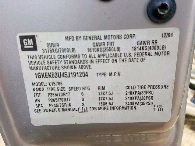 1GKEK63U45J191204 - 2005 GMC YUKON DENA TAN photo 10